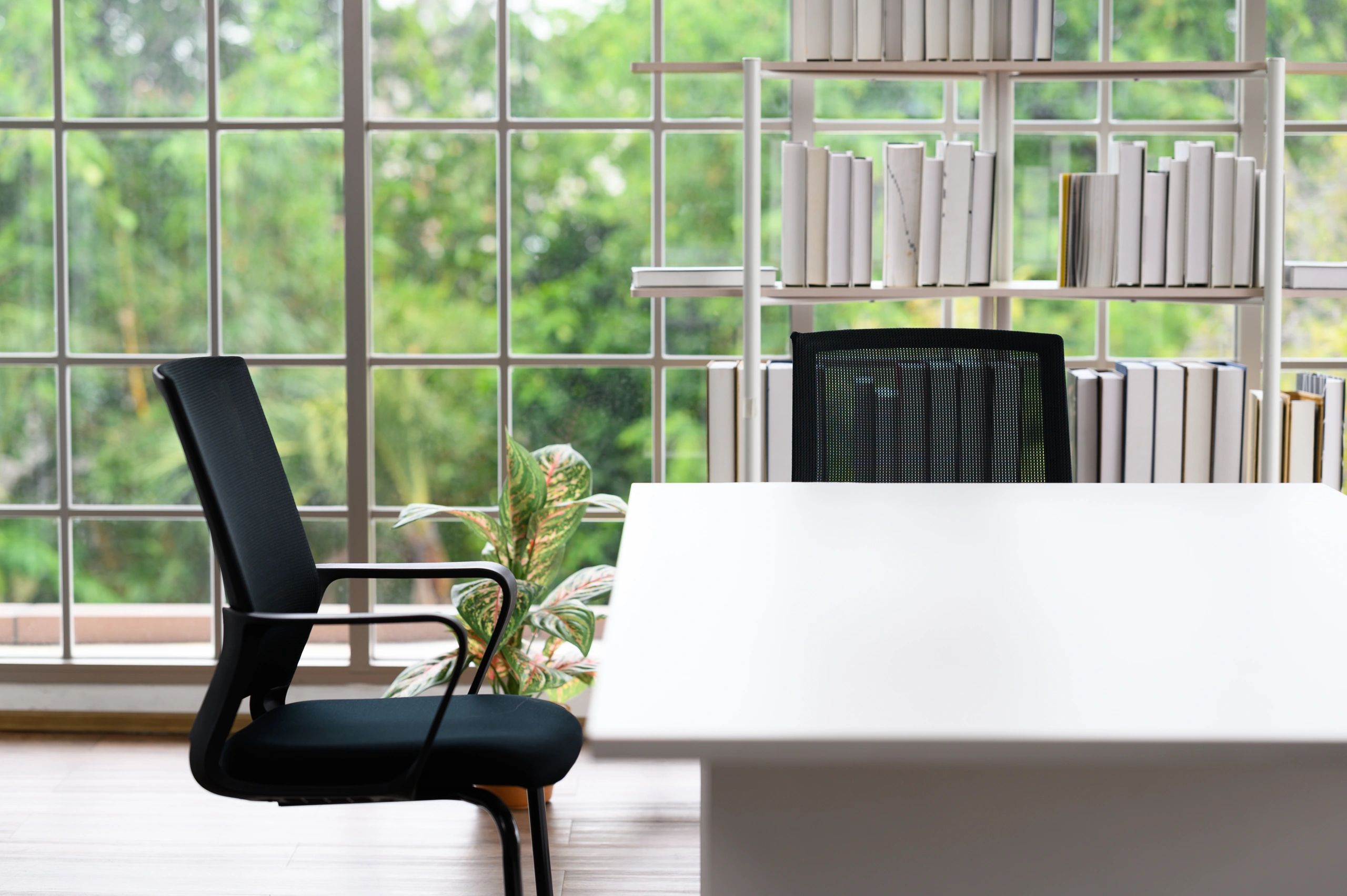 Bright counseling office with desk and seating